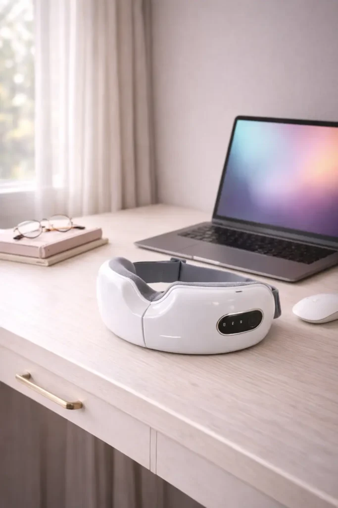 מכשיר עיסוי עיניים לבן מונח על שולחן עבודה מעץ, לידו מחשב נייד פתוח וספרים.