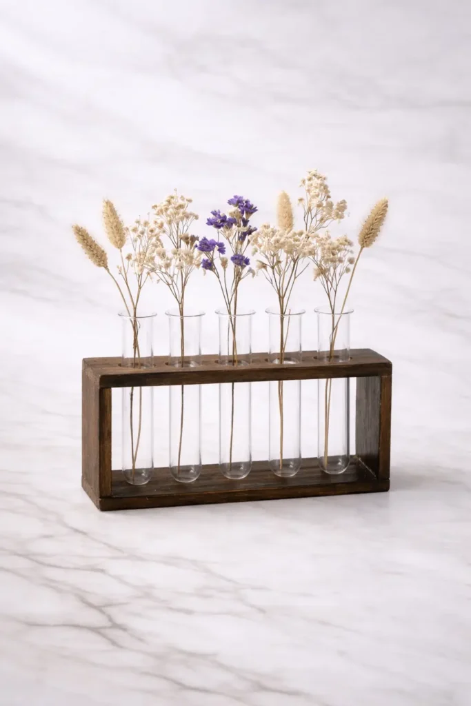 סט עץ עם שש מבחנות זכוכית, שכל אחת מהן מכילה פרחים או עשבים יבשים, על משטח שיש לבן.